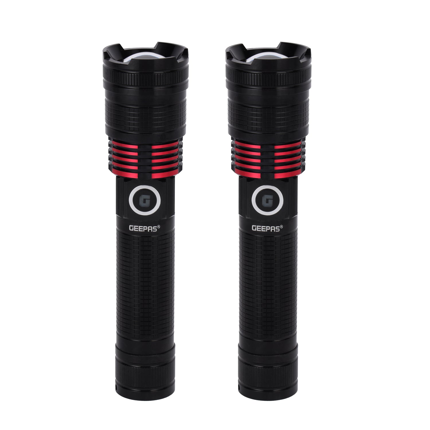 Geepas Rechargeable LED Flashlight- GFL4667/ Pack of 2, 15W, Perfect for Indoor and Outdoor Use, 5 Hours Continuous Working/ with Aluminum Housing, Lithium Battery/ Black, Lifetime Warranty