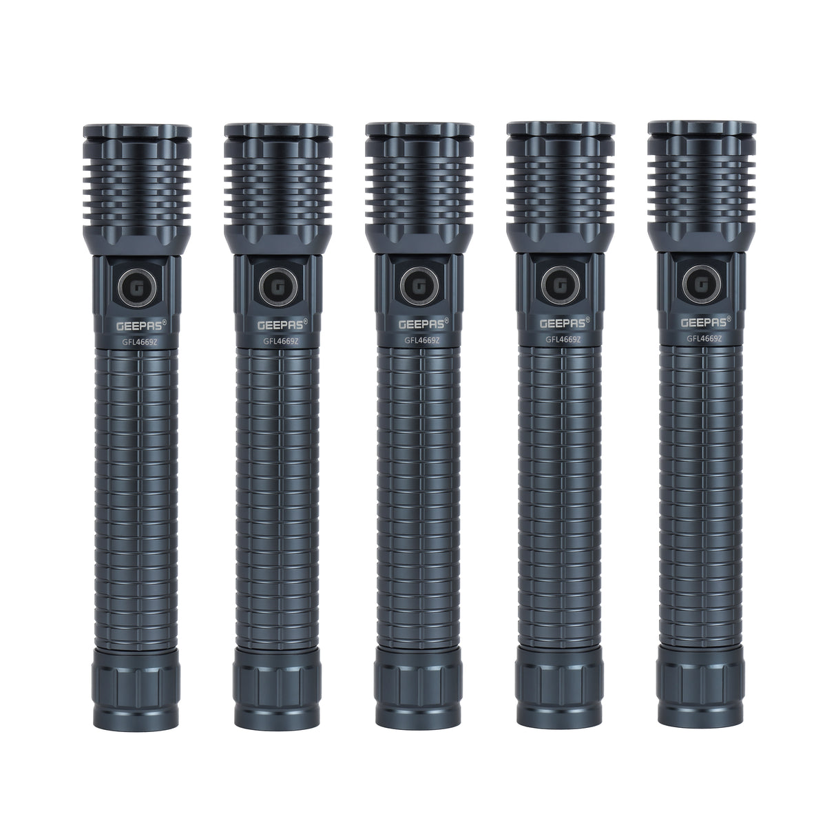 Geepas Zoomable LED Flashlight-GFL4669 5Pcs Combo/ 25W High Power 6000mAh Battery with Aircraft Aluminium Alloy Body/ 10 Hours Working Time/Type-C Charging