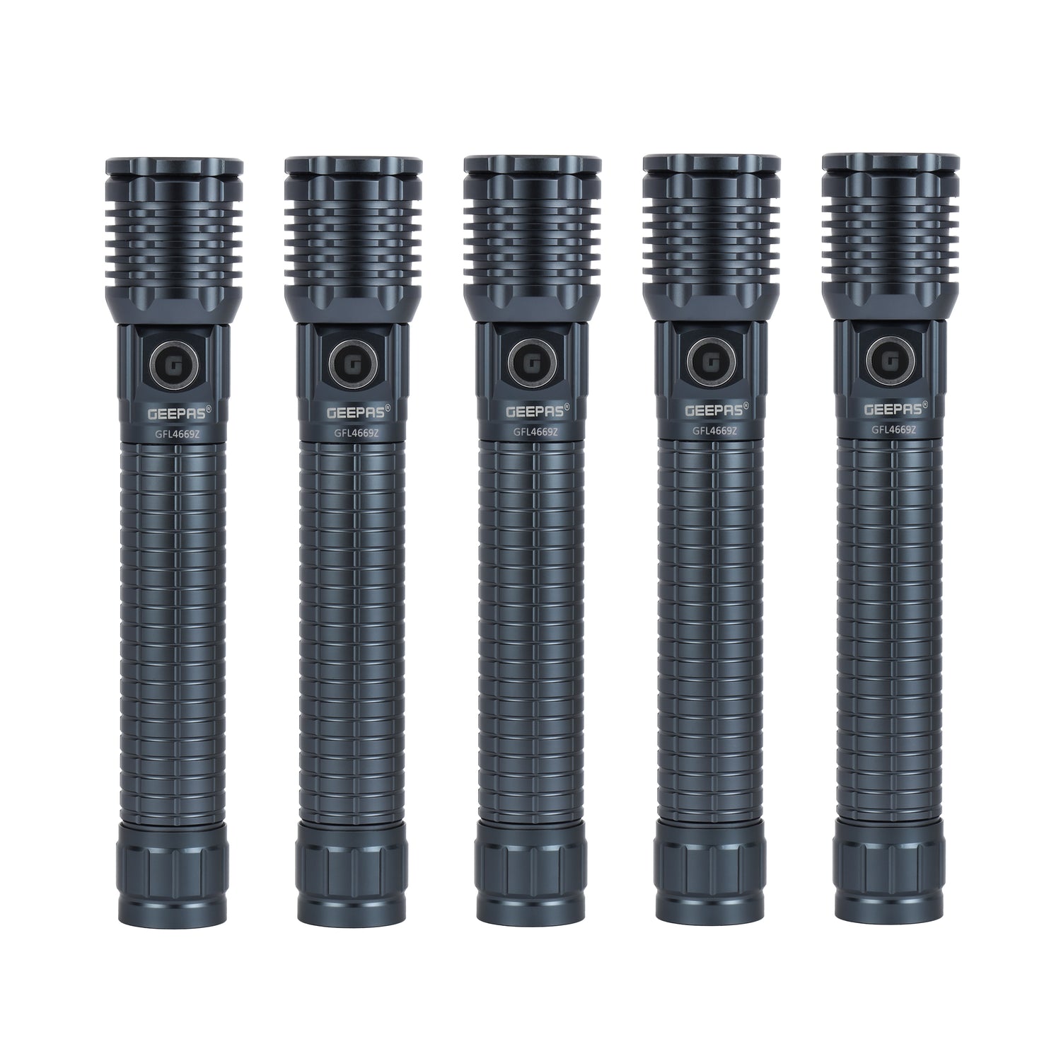 Geepas Zoomable LED Flashlight-GFL4669 5Pcs Combo/ 25W High Power 6000mAh Battery with Aircraft Aluminium Alloy Body/ 10 Hours Working Time/Type-C Charging