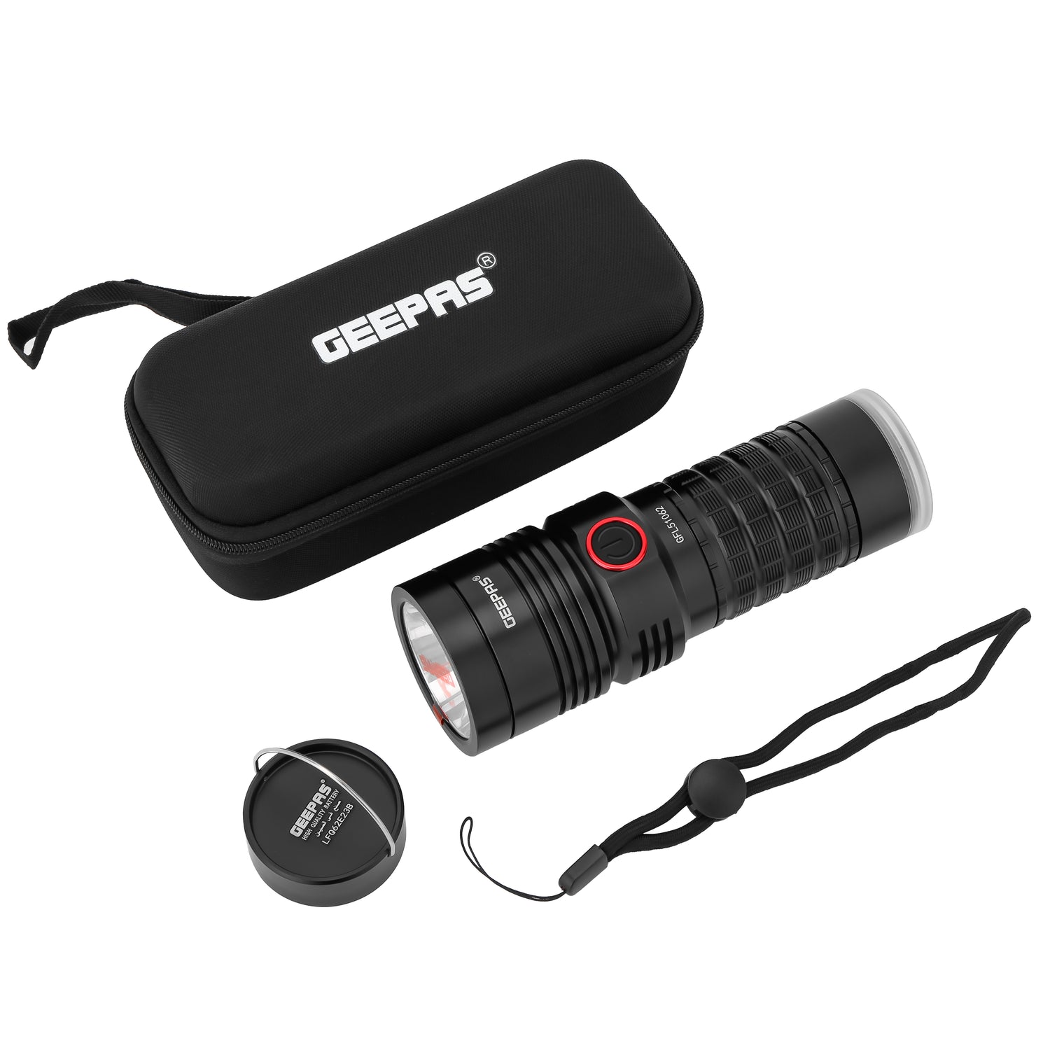 Geepas GFL51062 Rechargeable LED Flashlight with Power Bank – 25W, 3000LM, 6500-8000K, 24h Runtime, IPX6 Waterproof, Aluminum Body, Lithium Battery, Black
