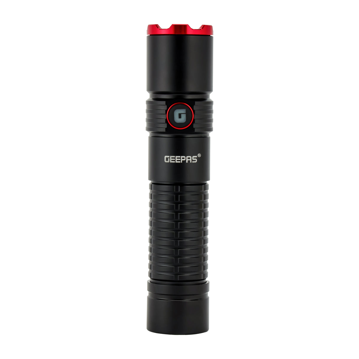 Geepas Rechargeable LED Flashlight- GFL51065/ 20W, 5000-6500K, 2500 LM, Perfect for Indoor and Outdoor Use, 10 Hours Continuous Working/ with Aircraft Aluminum Housing, Waterproof IPX5, Lithium Battery and Power Reminder/ Black, Lifetime Warranty