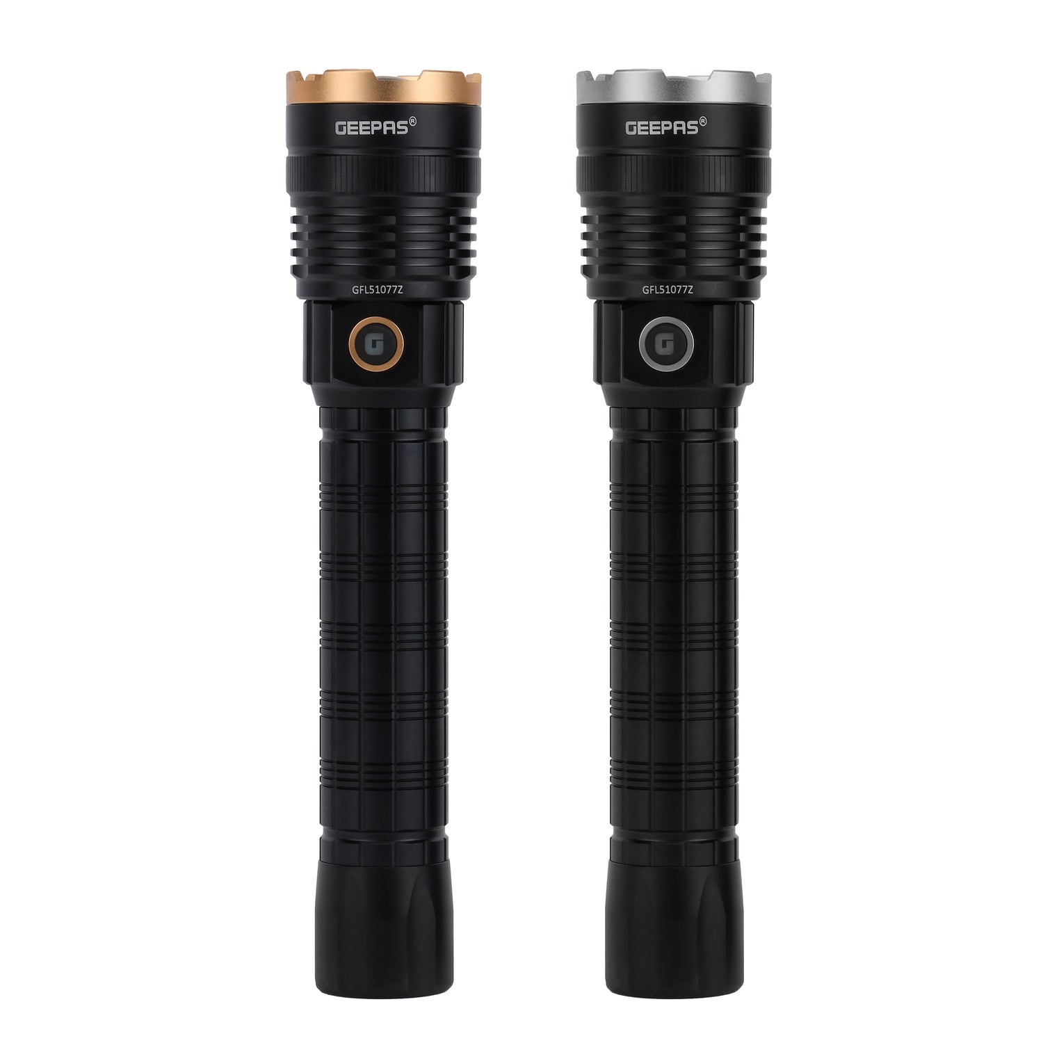 Geepas 2 PCS Rechargeable Water Proof Family Pack LED Flashlight 3000 Mah -Super Bright Light Rechargeable Flashlight| Aluminium Body, Water Proof, Highly Durable CREE LED Lights