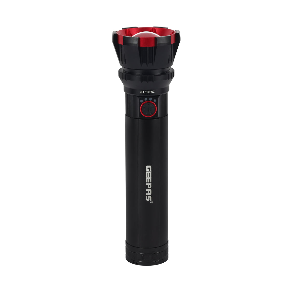 Geepas Zoomable LED Flashlight- GFL51080Z | 30W, 3000 Lumens | 2 Lighting Modes | 10Hrs Runtime | Battery Level Indicator | Lithium Battery | Black, Lifetime Warranty