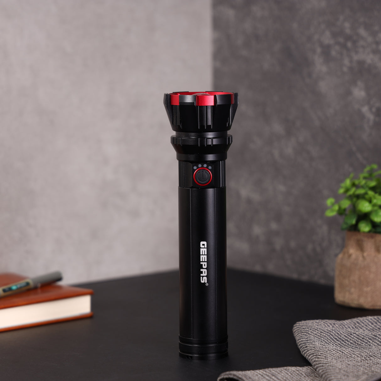 Geepas Zoomable LED Flashlight- GFL51080Z | 30W, 3000 Lumens | 2 Lighting Modes | 10Hrs Runtime | Battery Level Indicator | Lithium Battery | Black, Lifetime Warranty