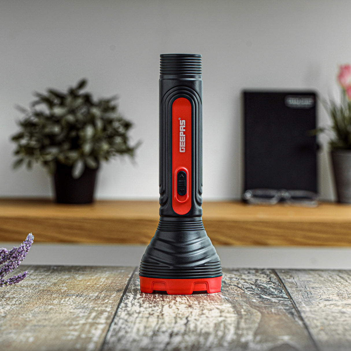 Geepas Rechargeable LED Torch GFL51090 | Big LED Chip with Aluminum Reflective Cup, Ripple Pattern Shell, 5H Backup, Lead-Acid Battery, Compact Design, 2-Year Warranty