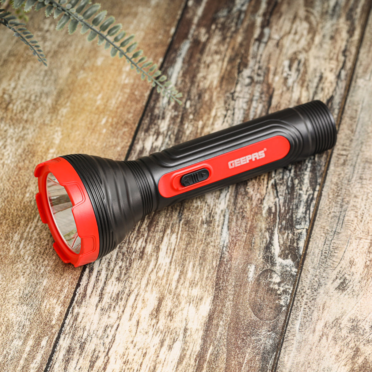 Geepas Rechargeable LED Torch GFL51090 | Big LED Chip with Aluminum Reflective Cup, Ripple Pattern Shell, 5H Backup, Lead-Acid Battery, Compact Design, 2-Year Warranty