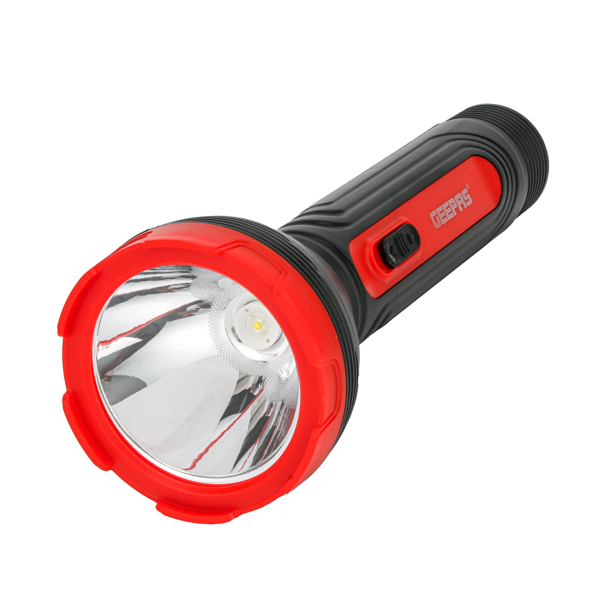 Geepas Rechargeable LED Torch GFL51090 | Big LED Chip with Aluminum Reflective Cup, Ripple Pattern Shell, 5H Backup, Lead-Acid Battery, Compact Design, 2-Year Warranty