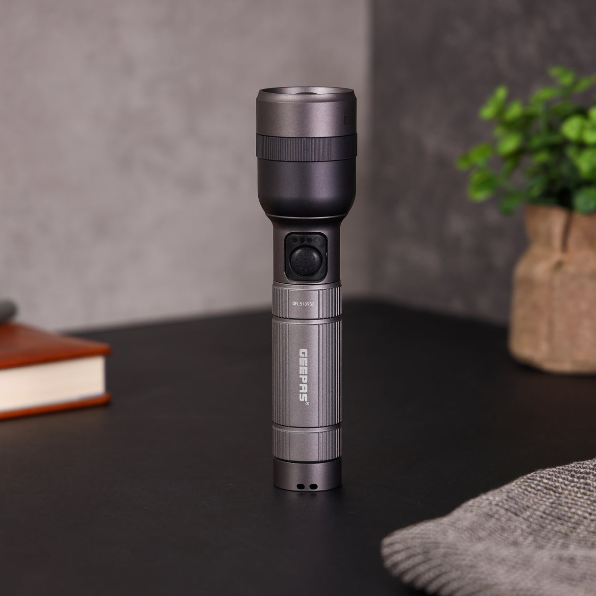 Geepas Zoomable LED Flashlight- GFL51095Z/ 20W, Perfect for Indoor and Outdoor Use, 10 Hours Continuous Working/Lithium Battery, 1500 Lumens/ Black, Lifetime Warranty