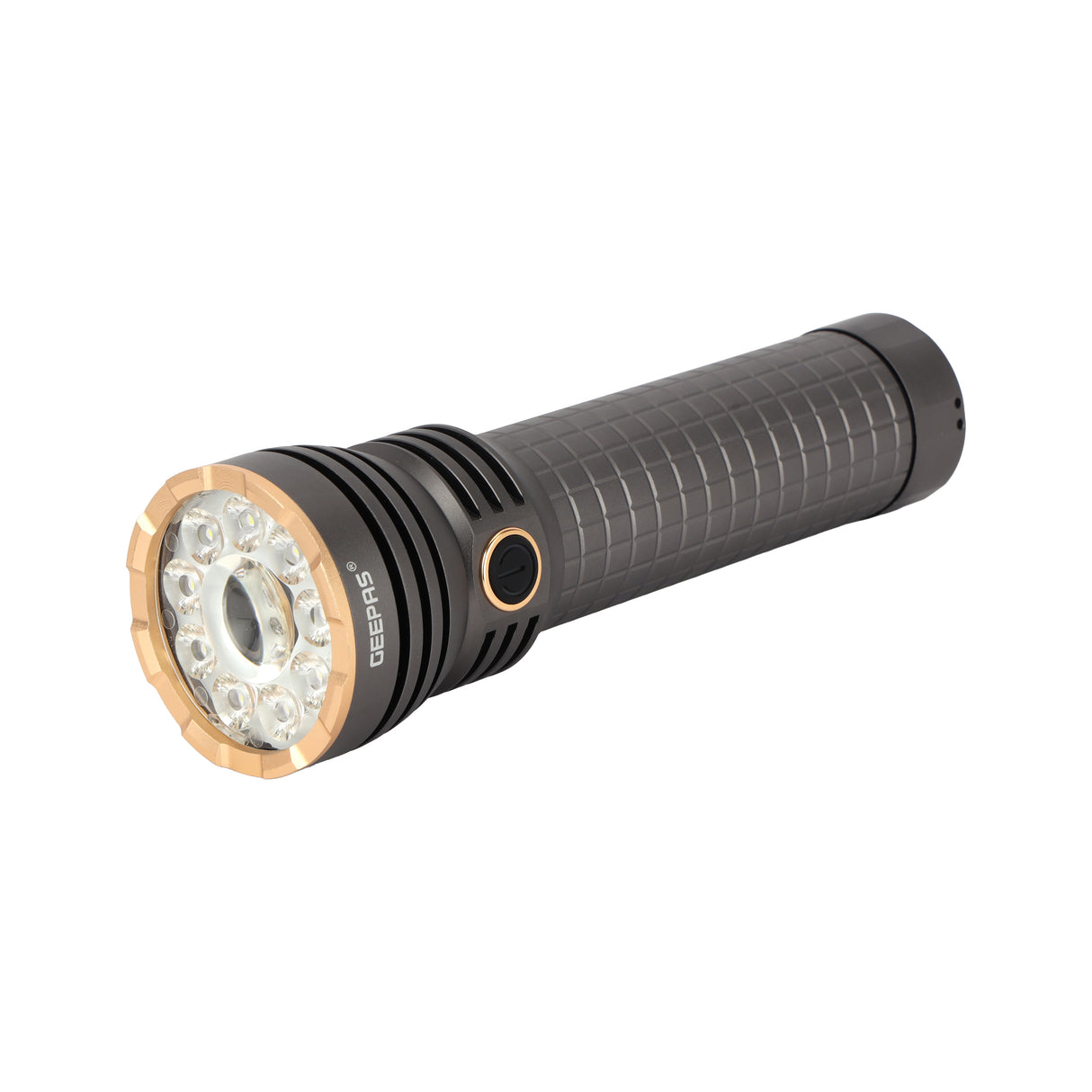 Geepas GFL51099 Multifunctional Flashlight – 60W LED, 5000 Lumens, Dual Modes, Type-C Fast Charging, Portable for Indoor/Outdoor Use, Grey, Lifetime Warranty
