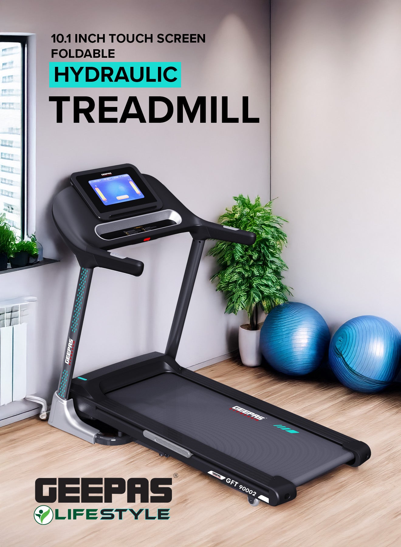 Geepas 10.1 Inch Touch Screen Foldable Hydraulic Treadmill- GFT90002/ with 12 Modes, 15 Levels Auto Incline, Perfect for Home Workouts, Gym Training, Weight Loss/ Black, 2 Years Warranty