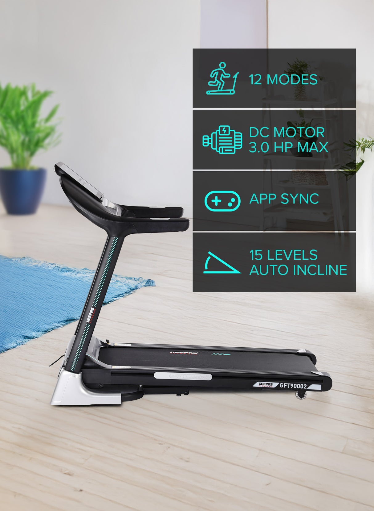 Geepas 10.1 Inch Touch Screen Foldable Hydraulic Treadmill- GFT90002/ with 12 Modes, 15 Levels Auto Incline, Perfect for Home Workouts, Gym Training, Weight Loss/ Black, 2 Years Warranty
