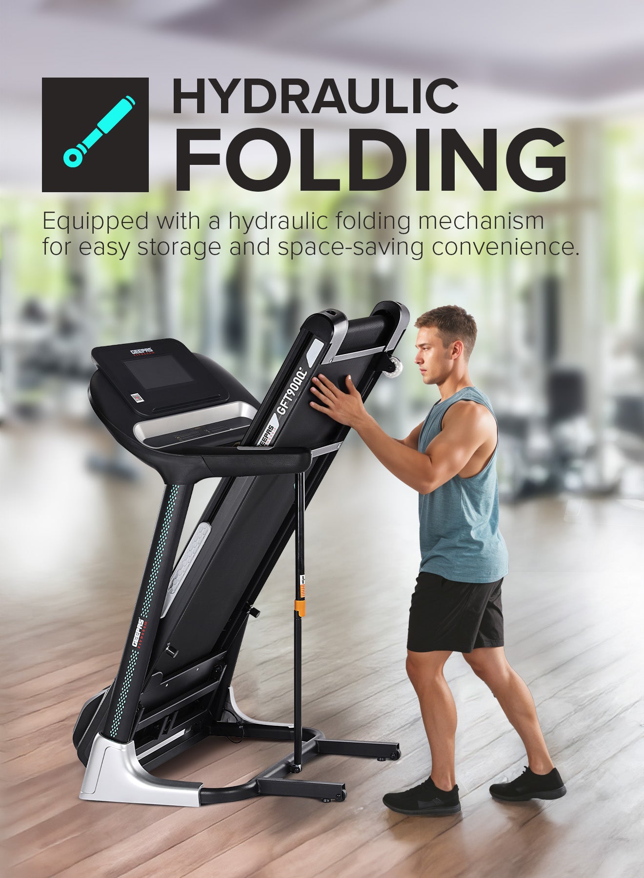 Geepas 10.1 Inch Touch Screen Foldable Hydraulic Treadmill- GFT90002/ with 12 Modes, 15 Levels Auto Incline, Perfect for Home Workouts, Gym Training, Weight Loss/ Black, 2 Years Warranty