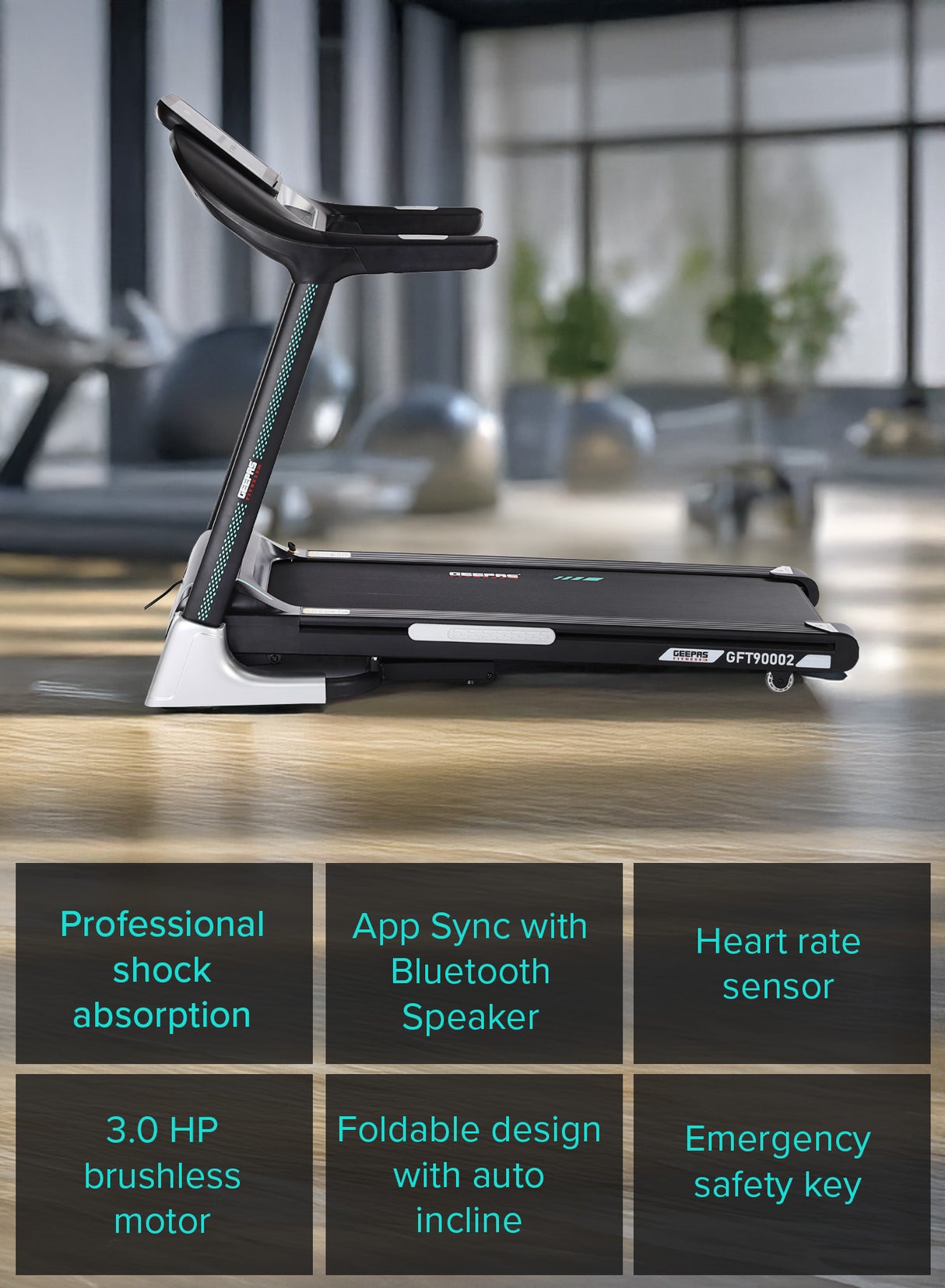 Geepas 10.1 Inch Touch Screen Foldable Hydraulic Treadmill- GFT90002/ with 12 Modes, 15 Levels Auto Incline, Perfect for Home Workouts, Gym Training, Weight Loss/ Black, 2 Years Warranty