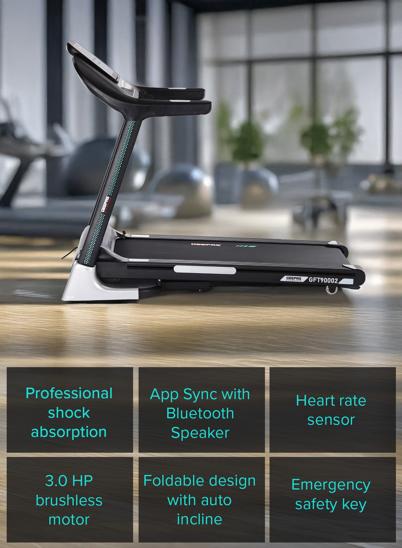 Geepas 10.1 Inch Touch Screen Foldable Hydraulic Treadmill- GFT90002/ with 12 Modes, 15 Levels Auto Incline, Perfect for Home Workouts, Gym Training, Weight Loss/ Black, 2 Years Warranty