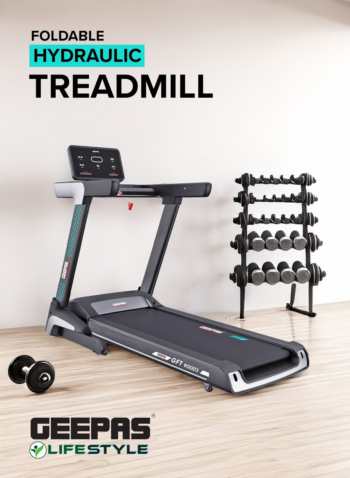 Geepas GFT90003 Foldable Hydraulic Treadmill |4HP Brushless DC Motor| 15-Level Auto Incline| 12 Preset Workout Programs| LED Display| Bluetooth App Sync| 2 Years Warranty