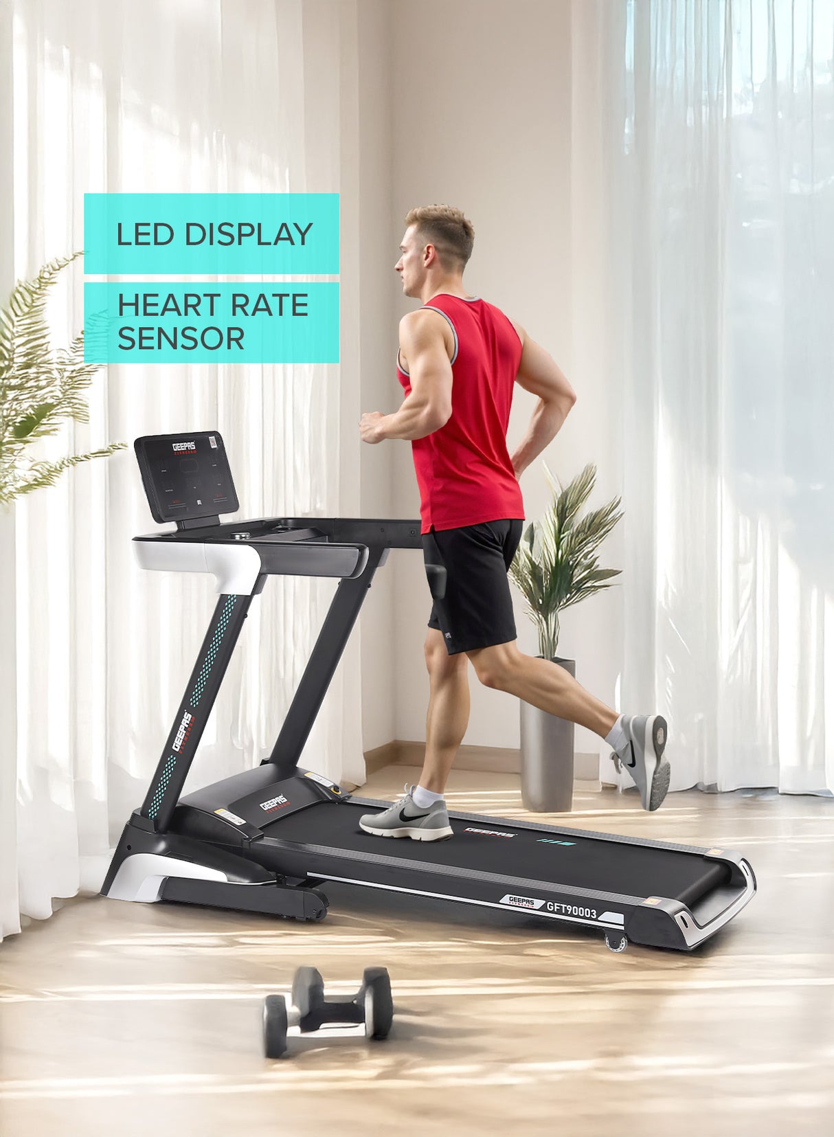 Geepas GFT90003 Foldable Hydraulic Treadmill |4HP Brushless DC Motor| 15-Level Auto Incline| 12 Preset Workout Programs| LED Display| Bluetooth App Sync| 2 Years Warranty