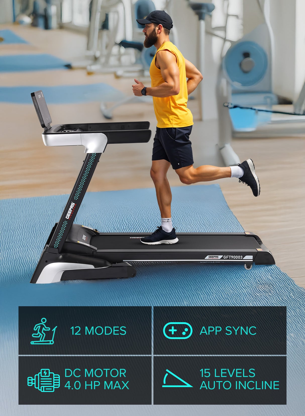 Geepas GFT90003 Foldable Hydraulic Treadmill |4HP Brushless DC Motor| 15-Level Auto Incline| 12 Preset Workout Programs| LED Display| Bluetooth App Sync| 2 Years Warranty