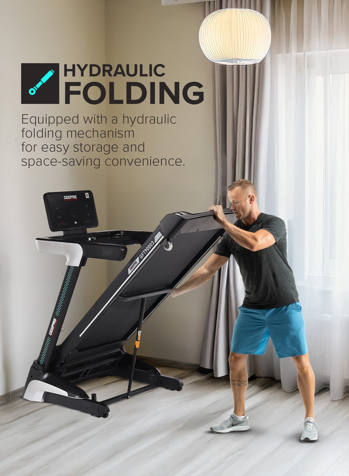 Geepas GFT90003 Foldable Hydraulic Treadmill |4HP Brushless DC Motor| 15-Level Auto Incline| 12 Preset Workout Programs| LED Display| Bluetooth App Sync| 2 Years Warranty