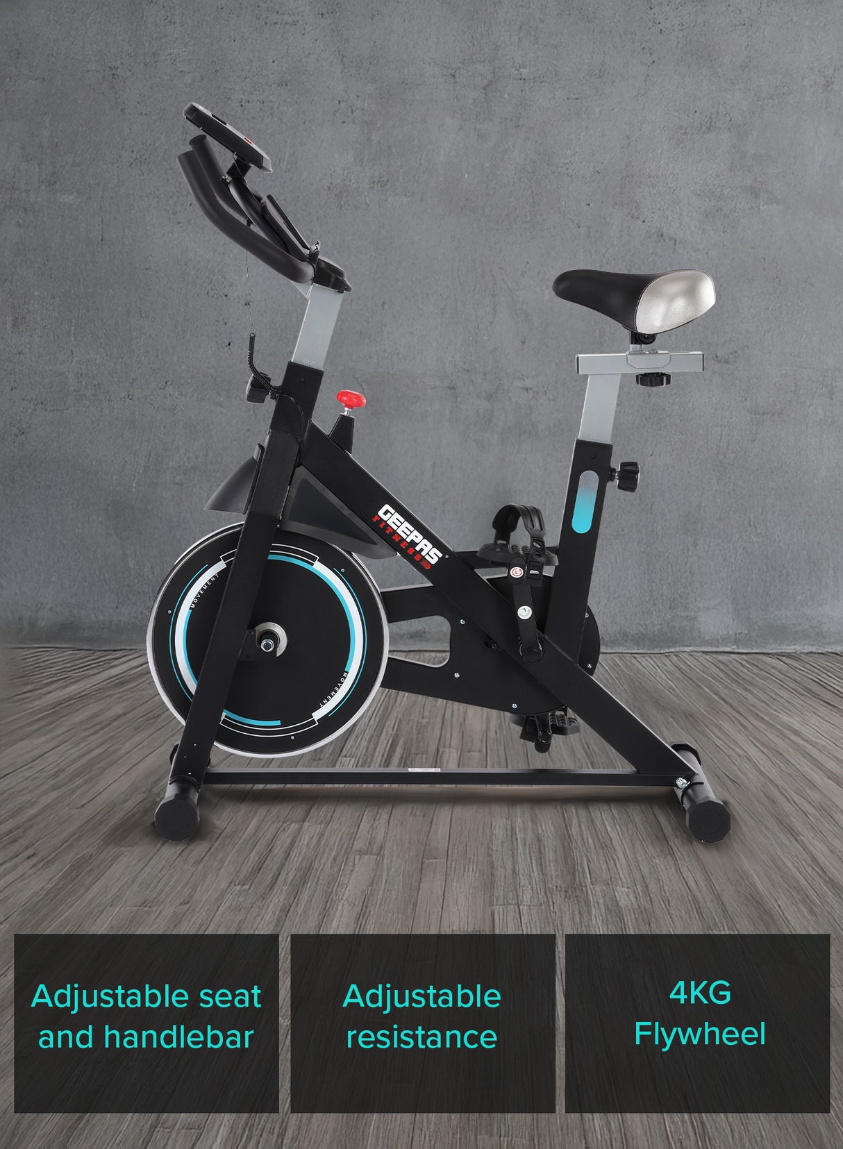 Geepas Spin Bike- GFT90004/ Low Noise, with Emergency Break and Digital Display/ Adjustable Seat, Handlebar, Resistance/ Perfect for Home Workout, Weight Loss Training/ Black, 2 Years Warranty