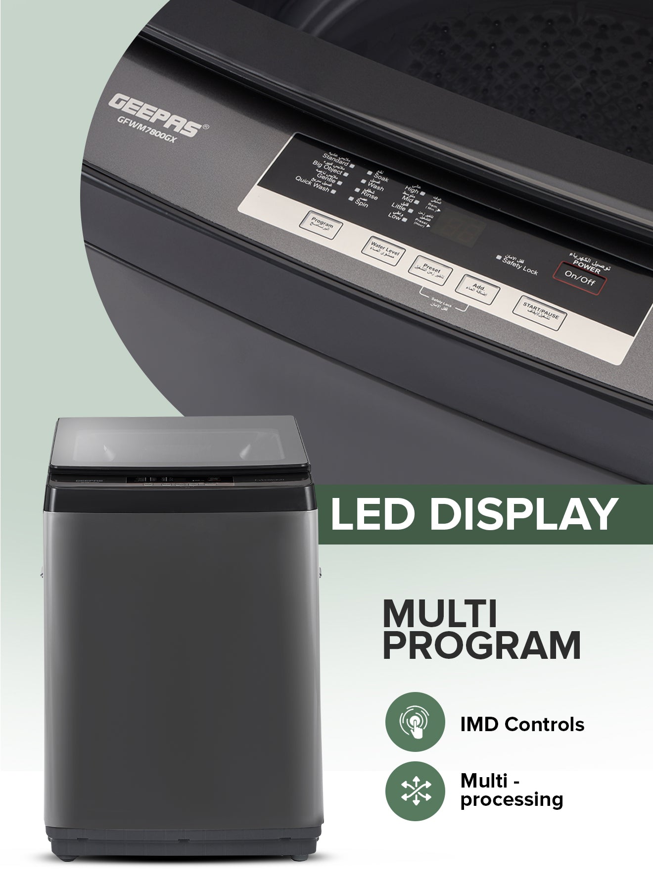 Geepas GFWM7800LCQ Fully Automatic Top Load Washing Machine | 7kg Capacity | 420W Wash Motor | LED Display | Diamond Drum | Premium Metallic Grey | 1-Year Warranty