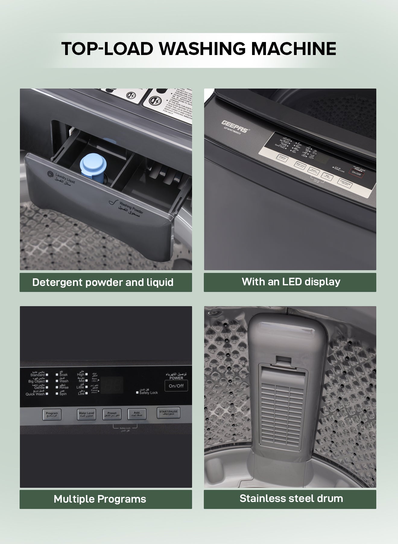 Geepas GFWM7800LCQ Fully Automatic Top Load Washing Machine | 7kg Capacity | 420W Wash Motor | LED Display | Diamond Drum | Premium Metallic Grey | 1-Year Warranty