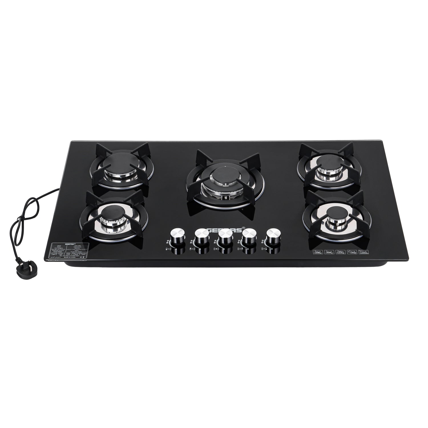 Geepas Glass Gas Hob GGC31011 | 5 Burner Gas Stove with Auto Ignition| Toughened Glass Surface| Cast Iron Pan Support & Powerful Triple Ring Wok Burner| 2 Years Warranty