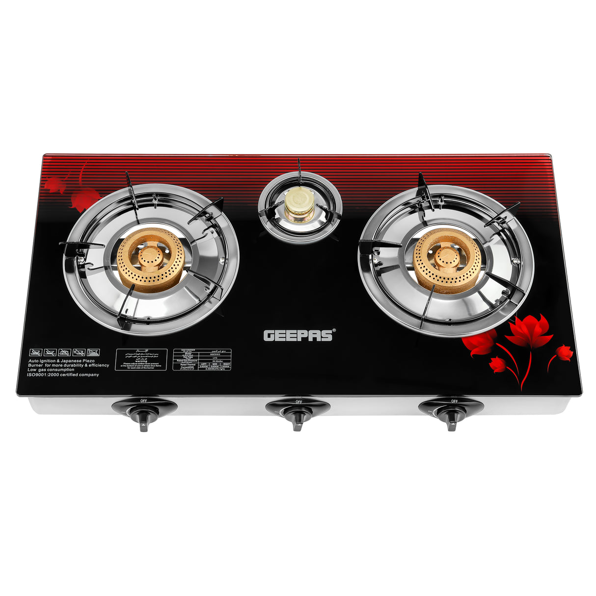 Geepas 3 Burner Gas Cooker GGC31012 |Stainless Steel Frame & Tray, Tempered Glass Top, Iron Burners 100+40+100mm, Auto Piezo Ignition, Low Gas Consumption, 2Year Warranty