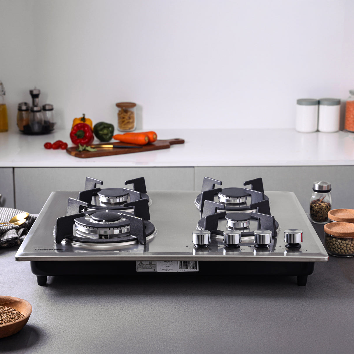 Geepas Built-In Gas Hob GGC31026 | 4 Burner Stainless Steel Gas Stove with Auto Ignition| Durable Cast Iron Pan Support | Easy-to-Clean Design & 2 Years Warranty