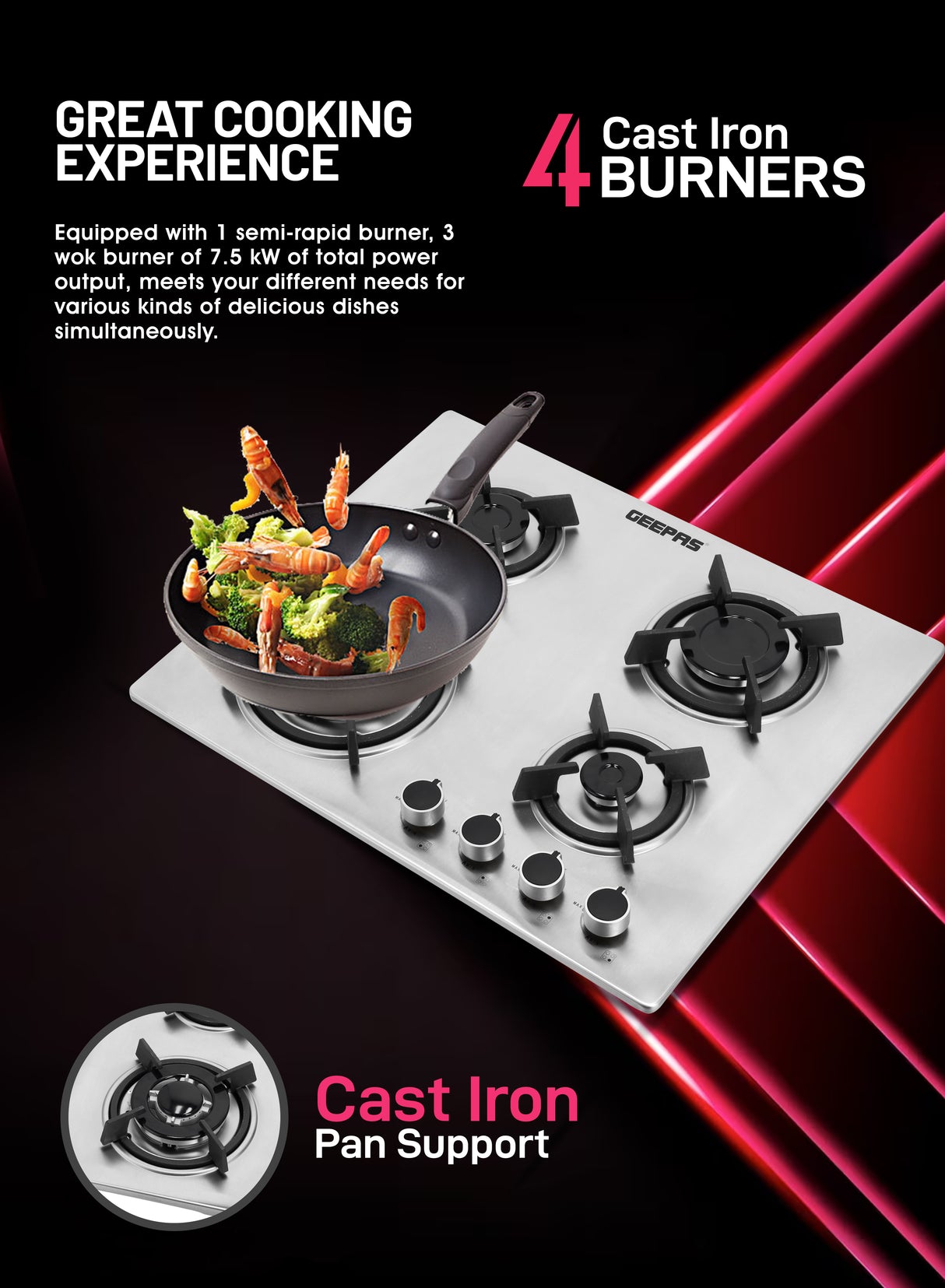 Geepas Built-In Gas Hob GGC31026 | 4 Burner Stainless Steel Gas Stove with Auto Ignition| Durable Cast Iron Pan Support | Easy-to-Clean Design & 2 Years Warranty