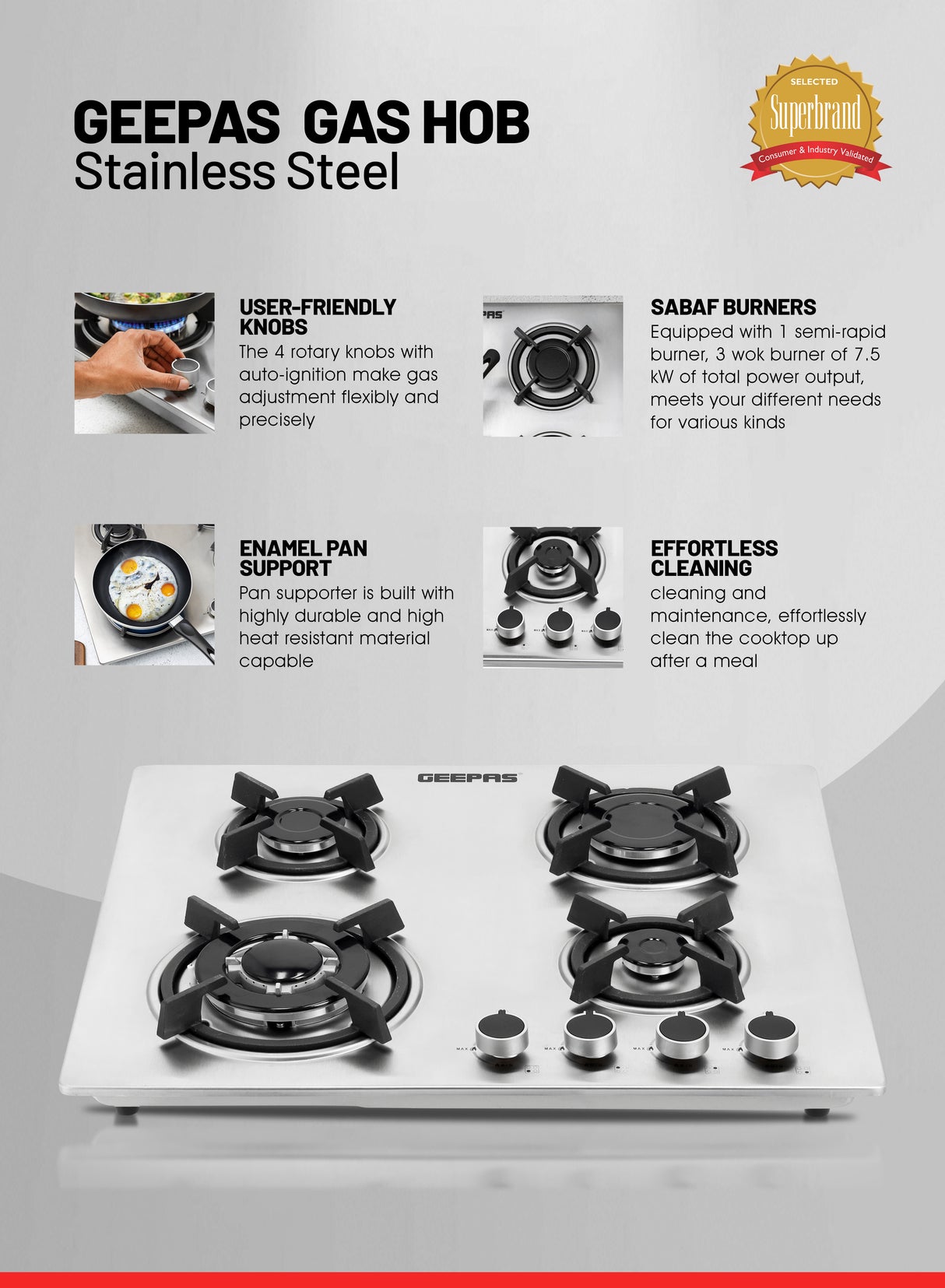 Geepas Built-In Gas Hob GGC31026 | 4 Burner Stainless Steel Gas Stove with Auto Ignition| Durable Cast Iron Pan Support | Easy-to-Clean Design & 2 Years Warranty