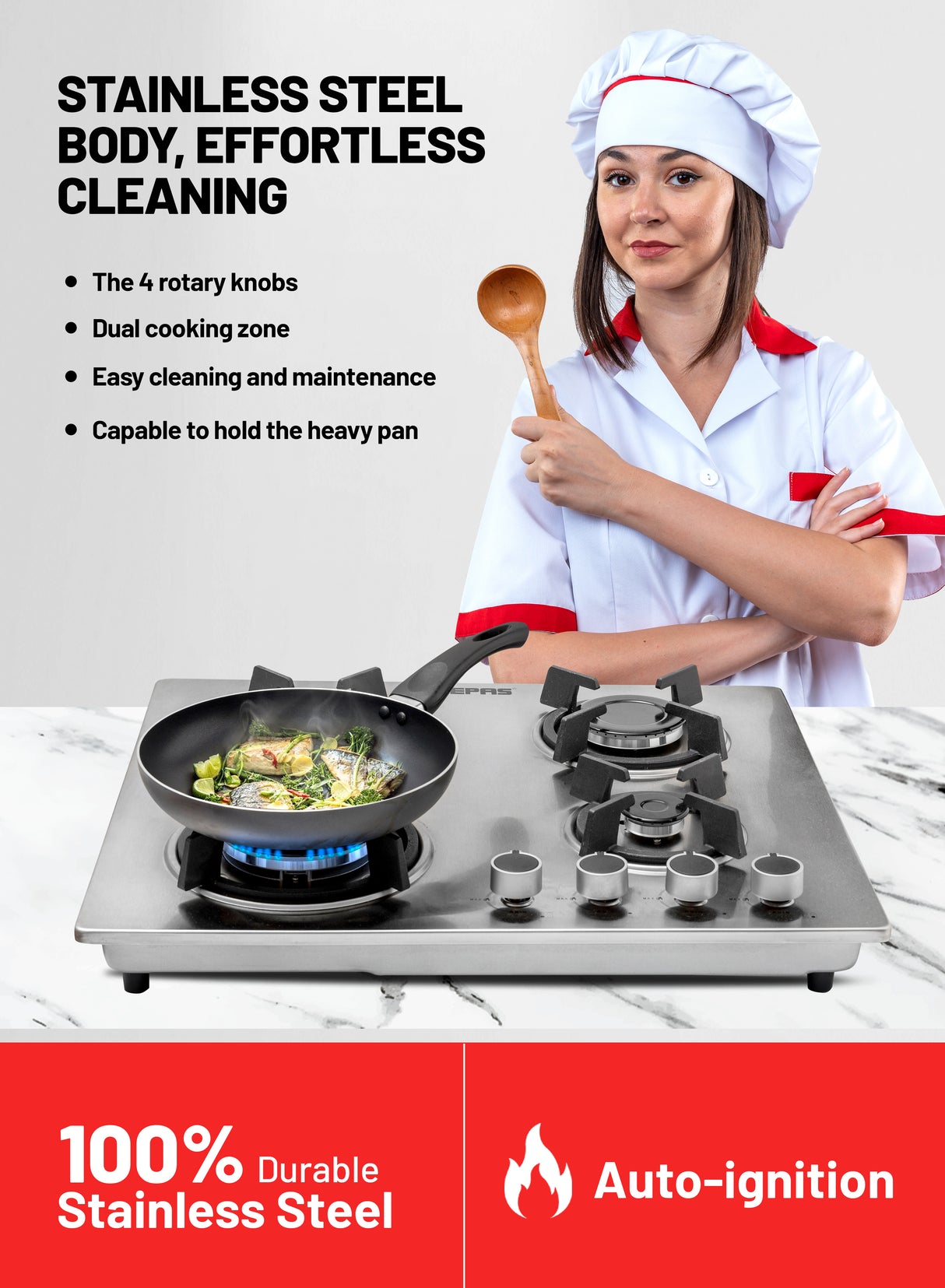 Geepas Built-In Gas Hob GGC31026 | 4 Burner Stainless Steel Gas Stove with Auto Ignition| Durable Cast Iron Pan Support | Easy-to-Clean Design & 2 Years Warranty