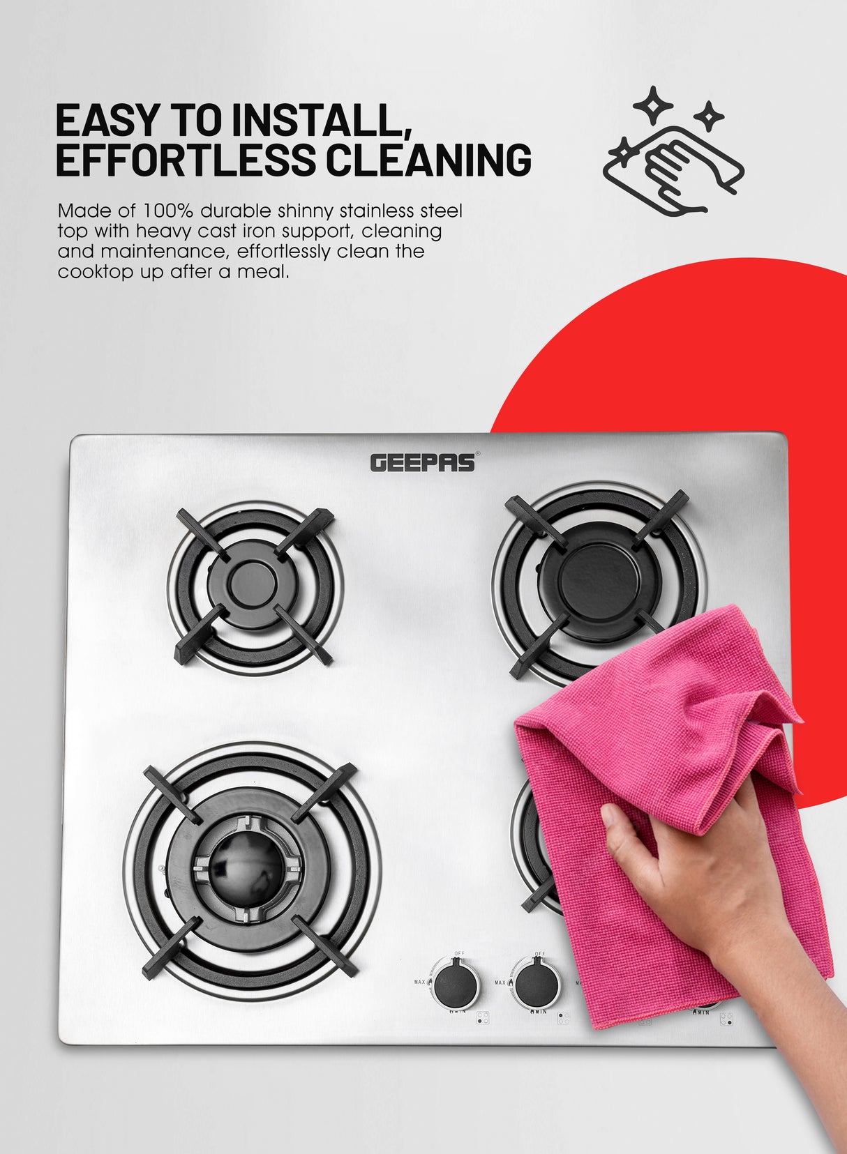 Geepas Built-In Gas Hob GGC31026 | 4 Burner Stainless Steel Gas Stove with Auto Ignition| Durable Cast Iron Pan Support | Easy-to-Clean Design & 2 Years Warranty