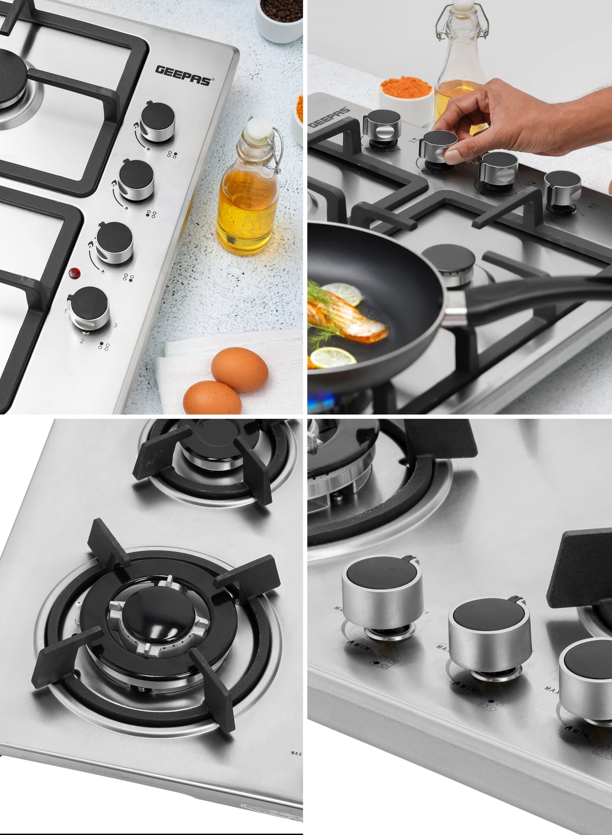 Geepas Built-In Gas Hob GGC31026 | 4 Burner Stainless Steel Gas Stove with Auto Ignition| Durable Cast Iron Pan Support | Easy-to-Clean Design & 2 Years Warranty