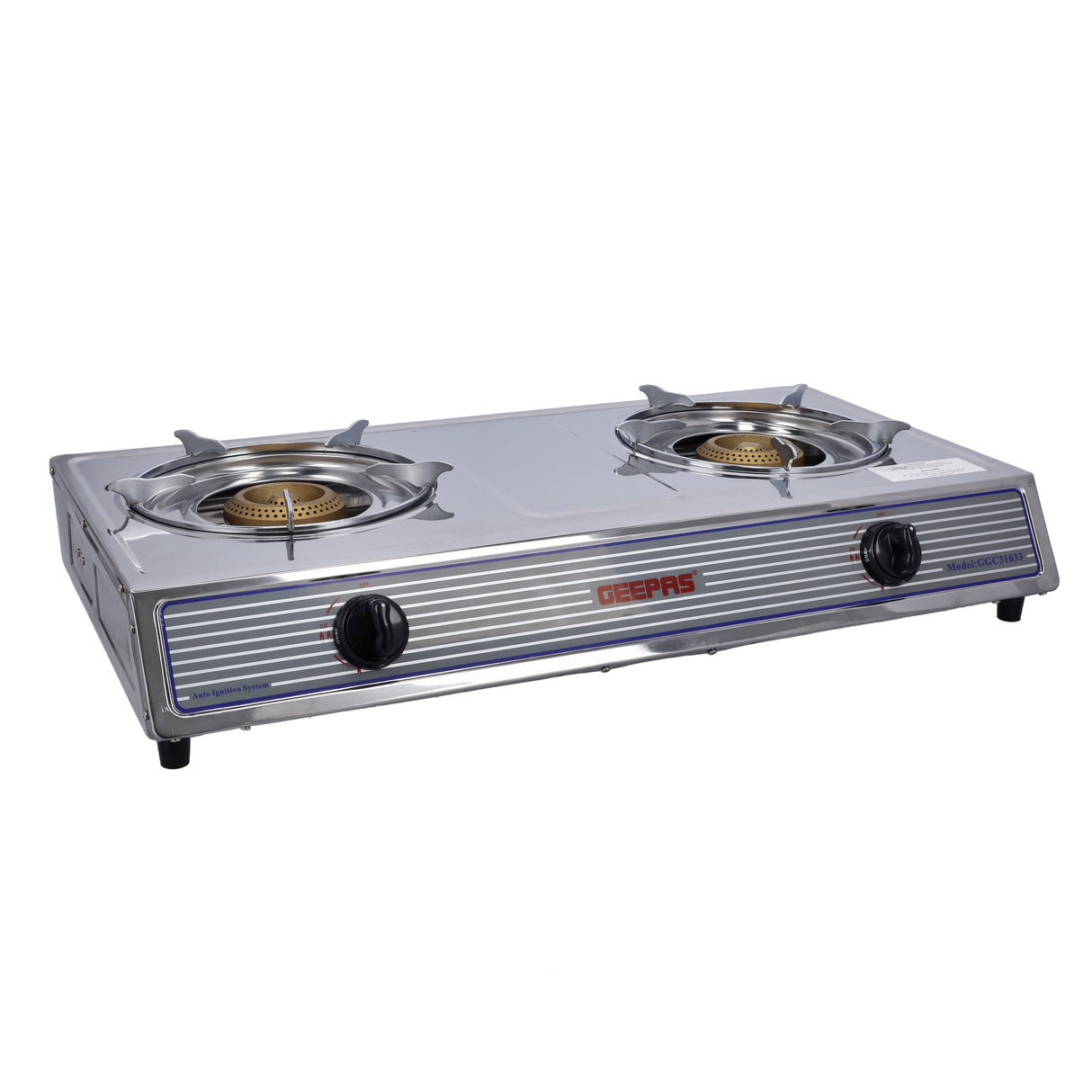 Geepas Stainless Steel Gas Cooker GGC31033 | 2 Burner Gas Stove | Heavy-Duty Cast Iron Burners| Automatic Ignition System| Durable Stainless Steel Body|2 Years Warranty