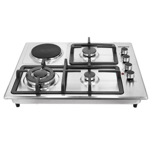 Geepas GGC31034 Built-in Stainless Steel Gas & Electric Hot Plate Hob | 3 Gas Burners + 1 Hot Plate | Italian Design| Heavy Pan Support| High Efficiency| 2 Years Warranty