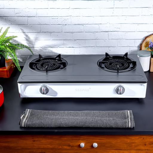 Geepas GGC31048 Stainless Steel Gas Cooker | 2 cast iron burners| auto ignition| low gas use saves 60%| heavy enamel pan support| durable| easy to clean| 2-year warranty