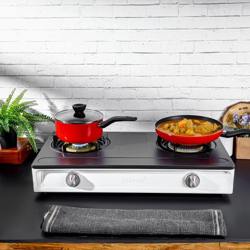 Geepas Stainless Steel Gas Cooker GGC31049 – 2 cast iron burners| low gas use| 60% saving| auto ignition| LPG stovetop| silver & black| durable| 2-year warranty