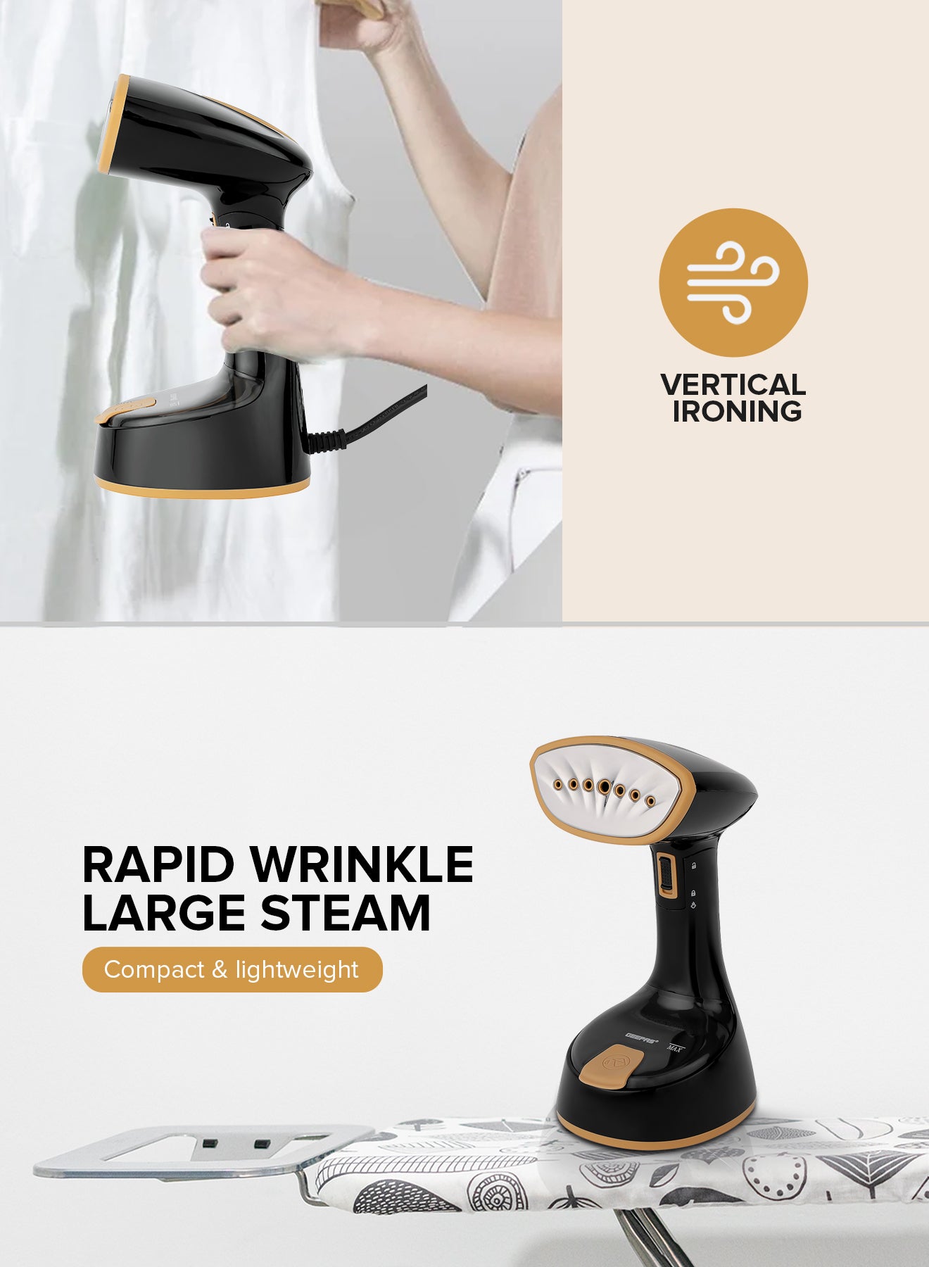 Geepas GGS25034 Handheld Garment Steamer |1240-1470W| 120ml Tank| 21g/min Continuous Steam |30s Heat-Up| Foldable| Stainless Steel Head| Travel-Friendly| 2 Years Warranty