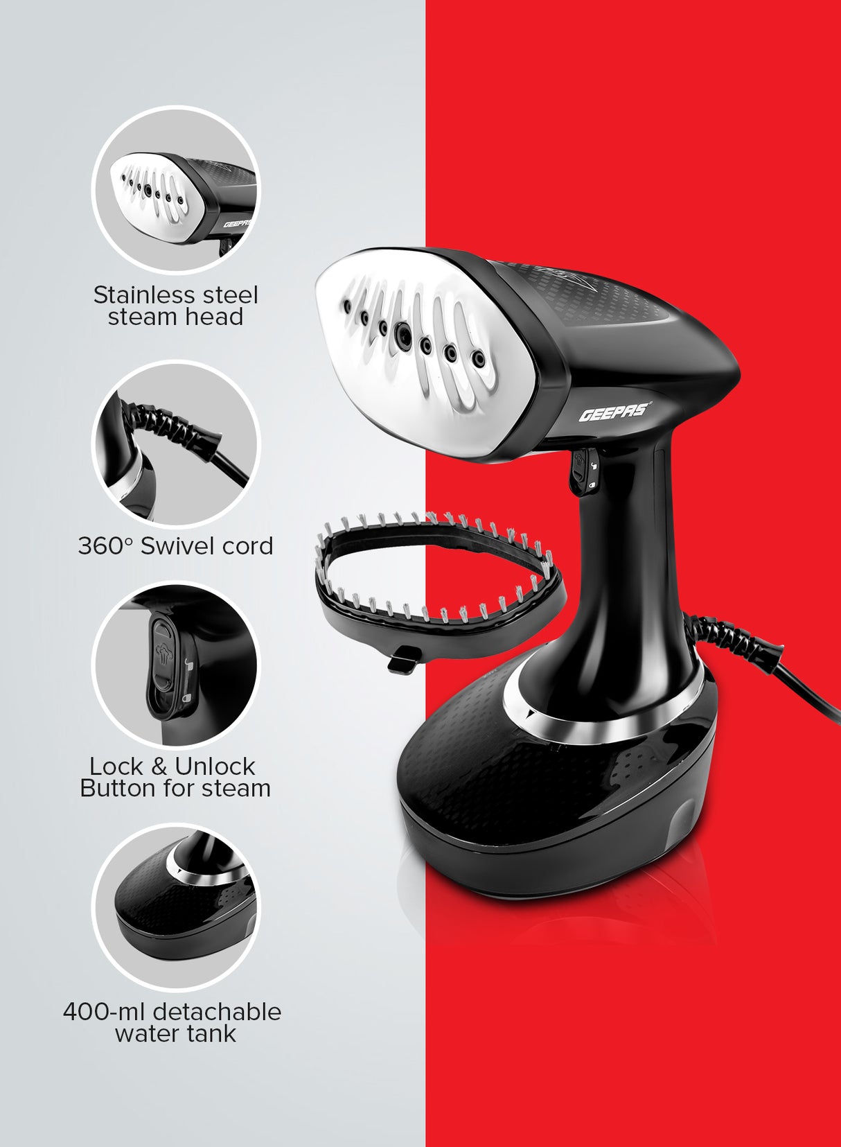 Geepas GGS25041 Handheld Garment Steamer | 1500W| 400ml Detachable Water Tank| 25g/min Steam | Stainless Steel Panel| Vertical Ironing| Fast Heat-Up| 2 Years Warranty