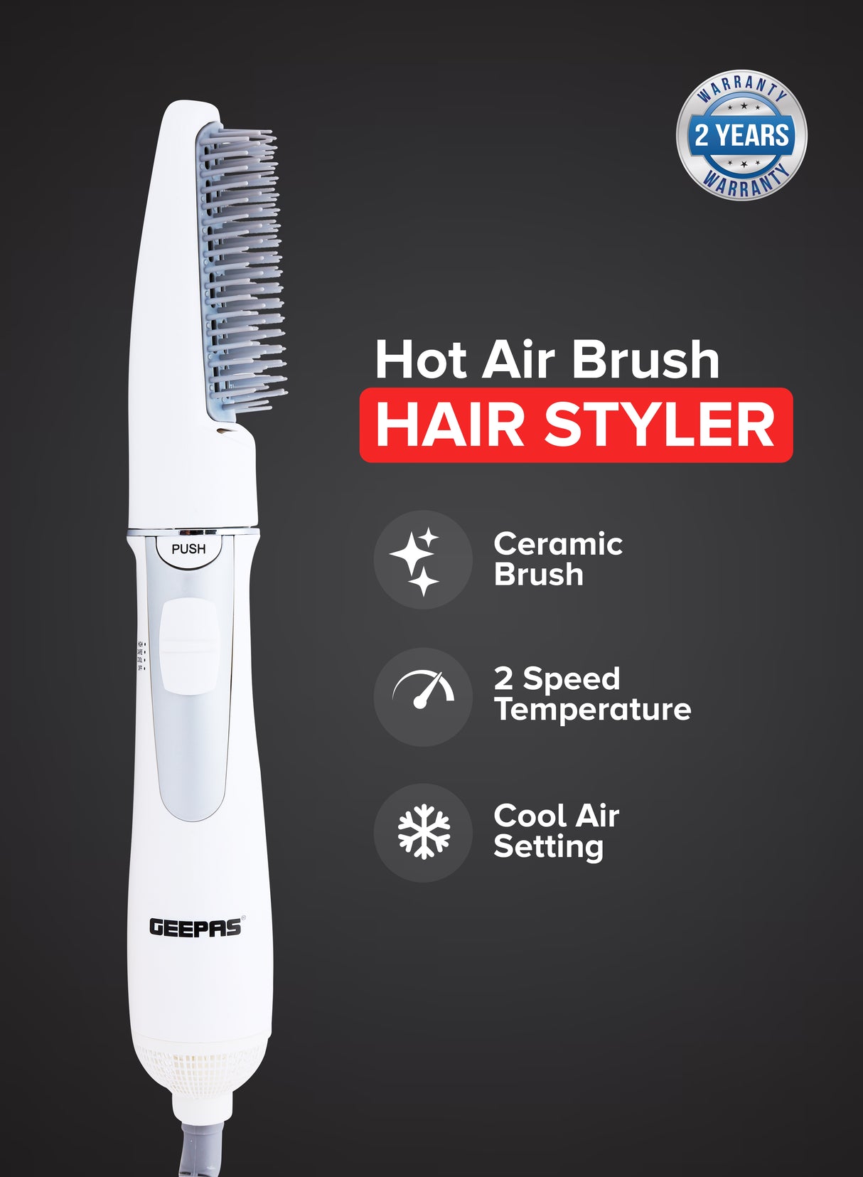 Geepas Hair Styler - Hot Air Brush with 2 Speeds Settings | Overheat Protection - Multi-Functional Salon Hair Styler, Curler & Comb - 2 Year Warranty