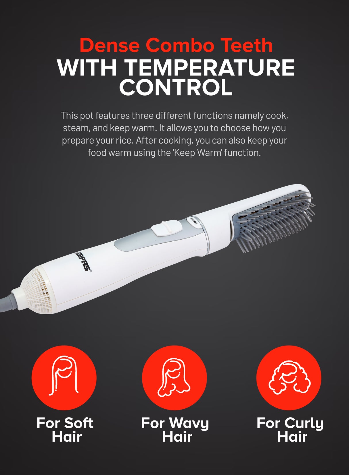 Geepas Hair Styler - Hot Air Brush with 2 Speeds Settings | Overheat Protection - Multi-Functional Salon Hair Styler, Curler & Comb - 2 Year Warranty