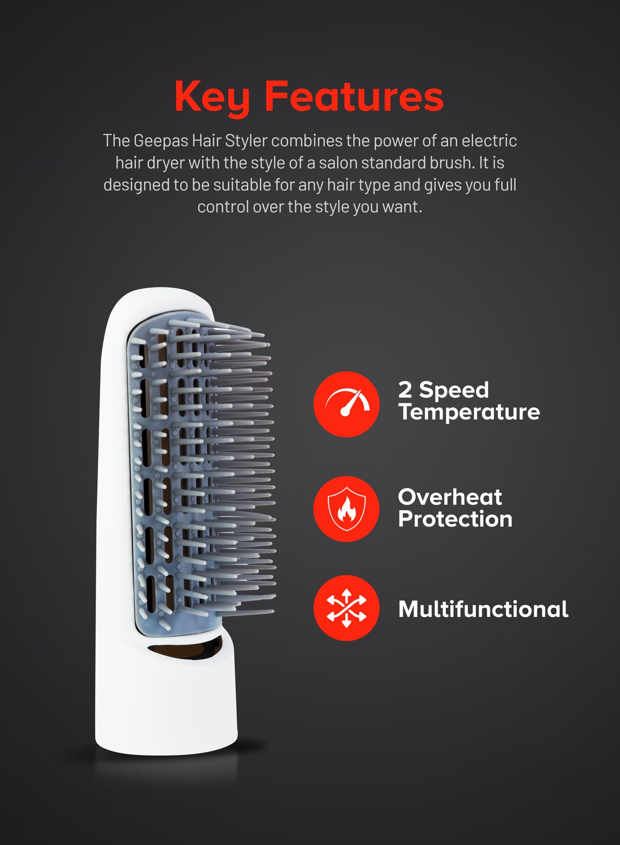 Geepas Hair Styler - Hot Air Brush with 2 Speeds Settings | Overheat Protection - Multi-Functional Salon Hair Styler, Curler & Comb - 2 Year Warranty