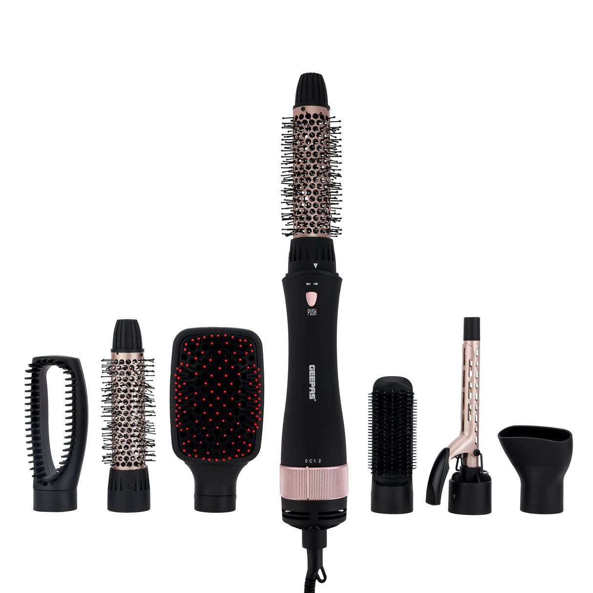 Geepas 8-IN-1 Hair Styler- GH86070| 2 Speed and 7 Attachments| 360-Degree Swivel Cord with Detachable Key|  7 Interchangeable Heads| 2 Years Warranty, Black and Gold