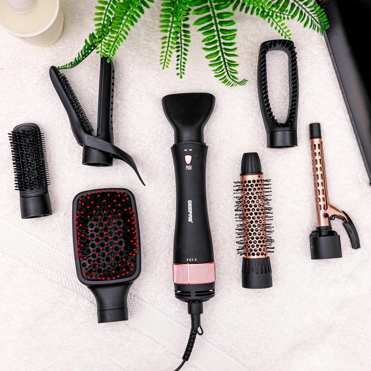 Geepas 8-IN-1 Hair Styler- GH86070| 2 Speed and 7 Attachments| 360-Degree Swivel Cord with Detachable Key|  7 Interchangeable Heads| 2 Years Warranty, Black and Gold