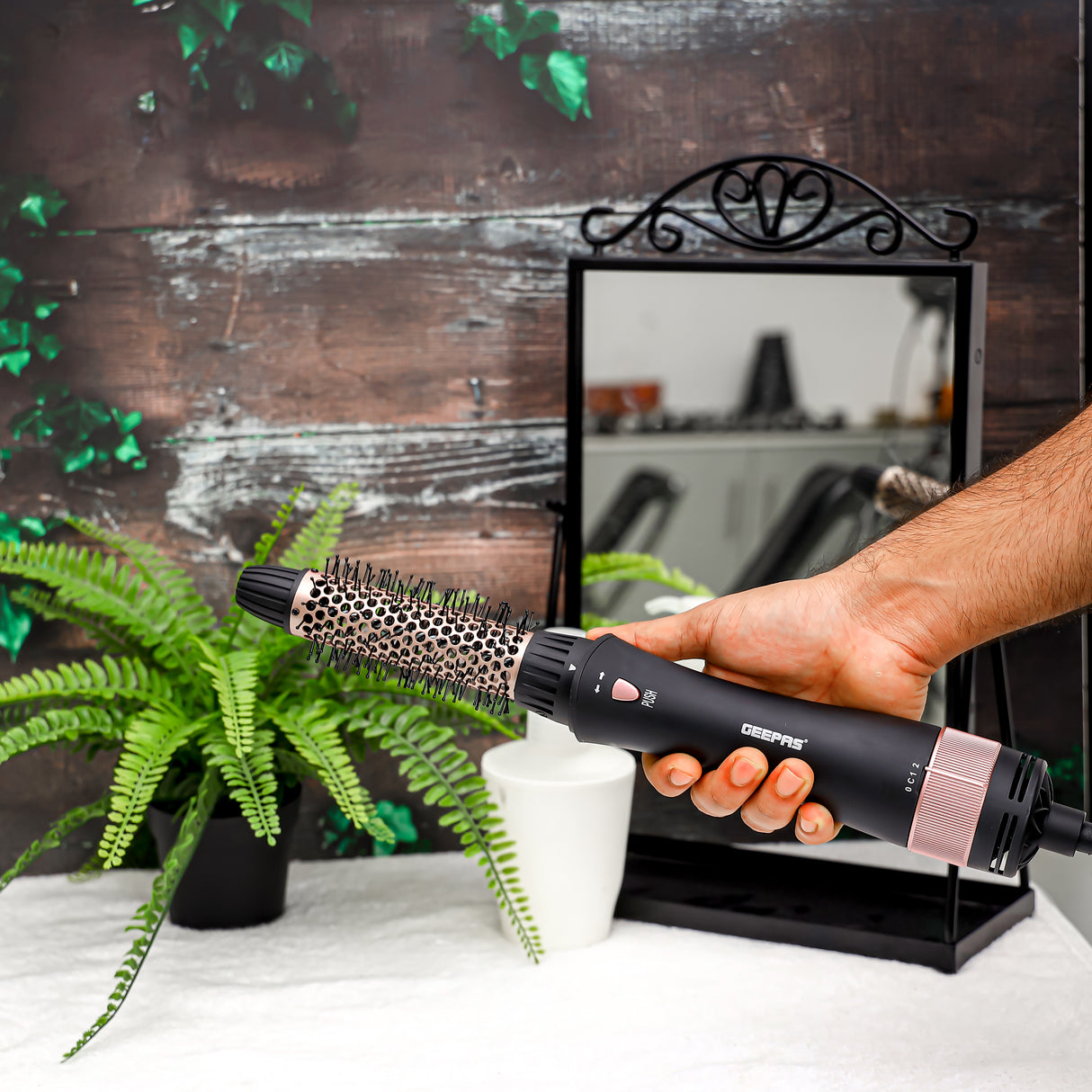 Geepas 8-IN-1 Hair Styler- GH86070| 2 Speed and 7 Attachments| 360-Degree Swivel Cord with Detachable Key|  7 Interchangeable Heads| 2 Years Warranty, Black and Gold