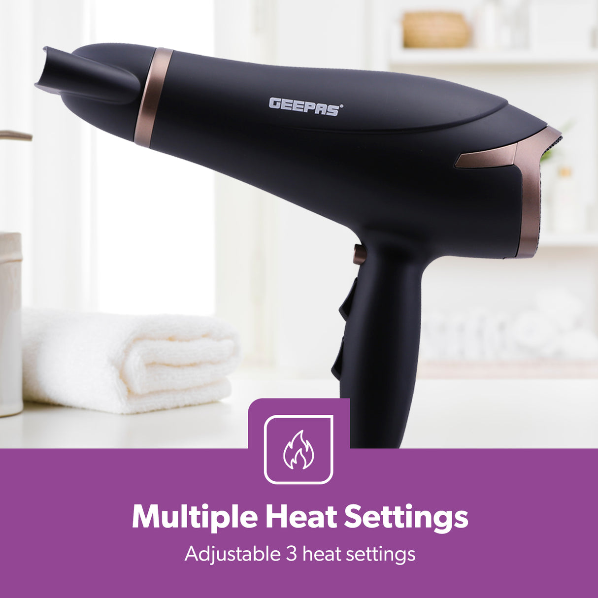 Geepas GH8643 Hair Dryer | 2200W Powerful Motor| 3 Heat & 2 Speed Settings| Cool Shot| Hang-Up Hook| Concentrator Nozzle| Detachable Cap | 2 Years Warranty