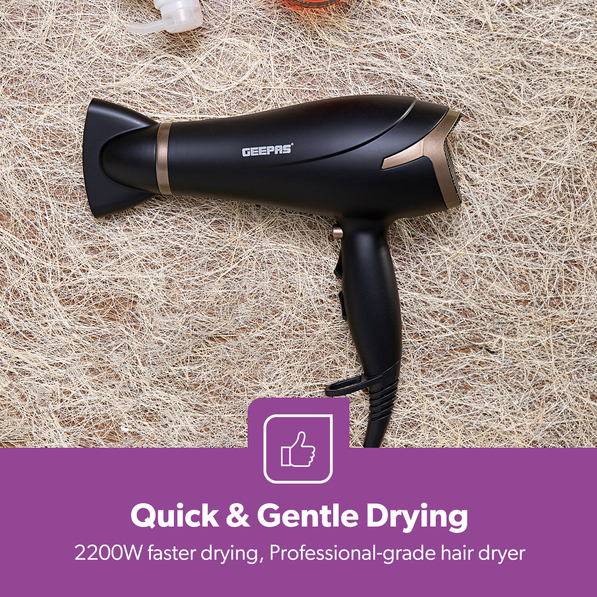 Geepas GH8643 Hair Dryer | 2200W Powerful Motor| 3 Heat & 2 Speed Settings| Cool Shot| Hang-Up Hook| Concentrator Nozzle| Detachable Cap | 2 Years Warranty