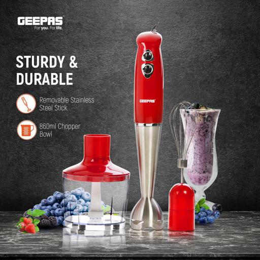 Geepas GHB43018UK Hand Blender | 400W DC Motor | 2 Speed Control| Stainless Steel Stick| 860ml Chopper  & Egg Whisk |  Durable & Easy to Clean|  2 Years Warranty
