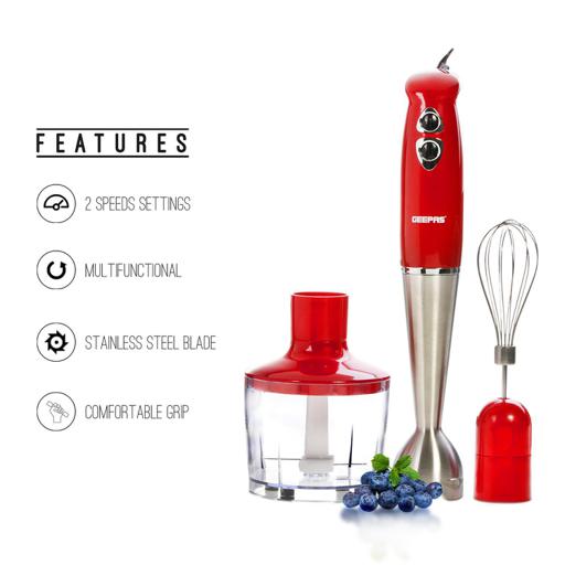 Geepas GHB43018UK Hand Blender | 400W DC Motor | 2 Speed Control| Stainless Steel Stick| 860ml Chopper  & Egg Whisk |  Durable & Easy to Clean|  2 Years Warranty