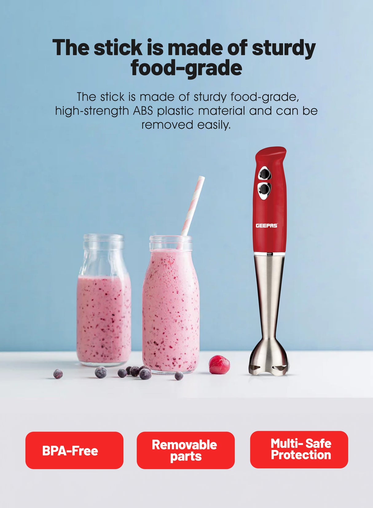 Geepas GHB6136 Hand Blender | 400W DC Motor | 2 Speed Settings | Stainless Steel Stick & Blades | 860ml Chopper Bowl | Egg Whisk | BS Plug | Durable & Easy to Use